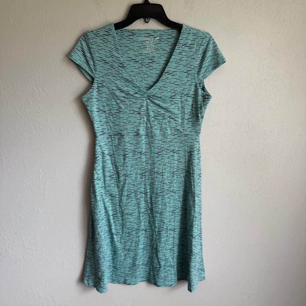 Toad&Co Rosemarie Zip Pocket Blue Wave Print Ruched V-Neck Sun Dress Women’s S